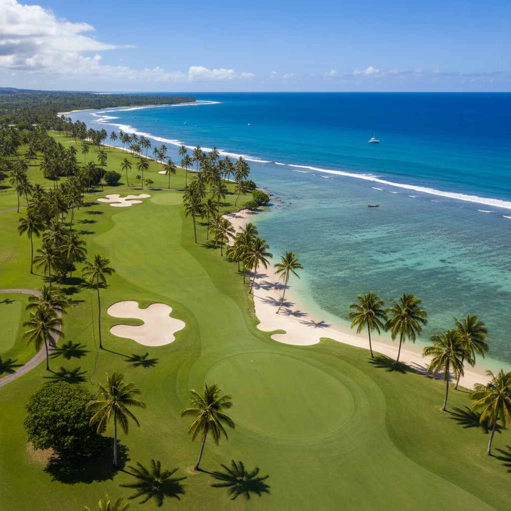 Aerial view of Natadola Bay Championship Golf Course meeting the Pacific Ocean