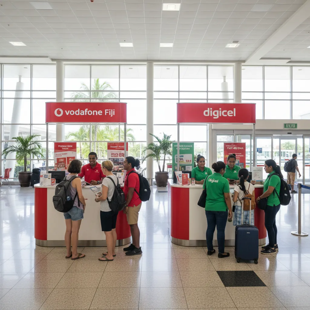 Vodafone and Digicel SIM card kiosks at Nadi Airport Arrivals