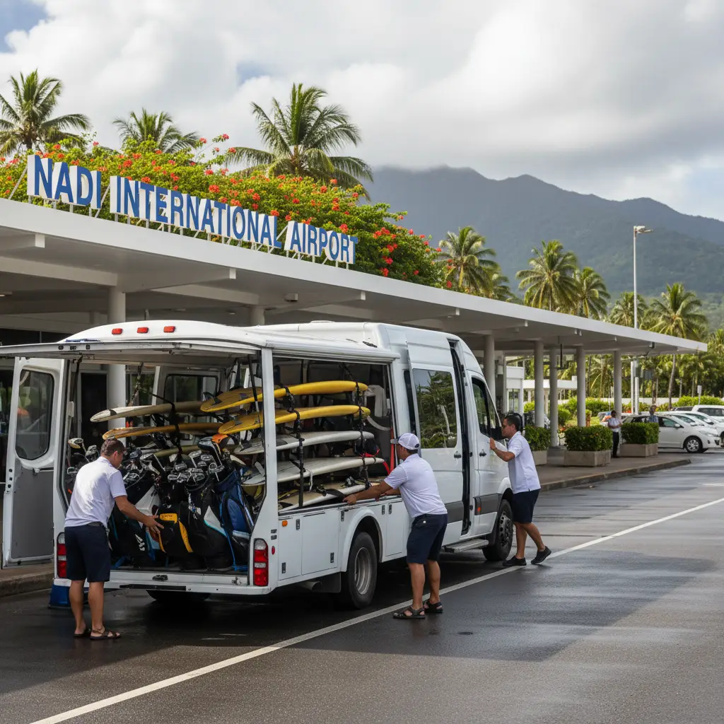 Loading oversized luggage into a transport van at Nadi Airport