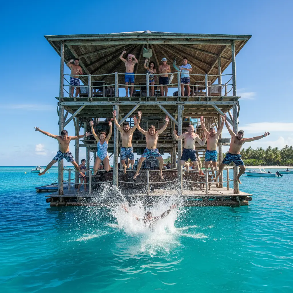 Tourists jumping off Cloud 9 deck into the ocean