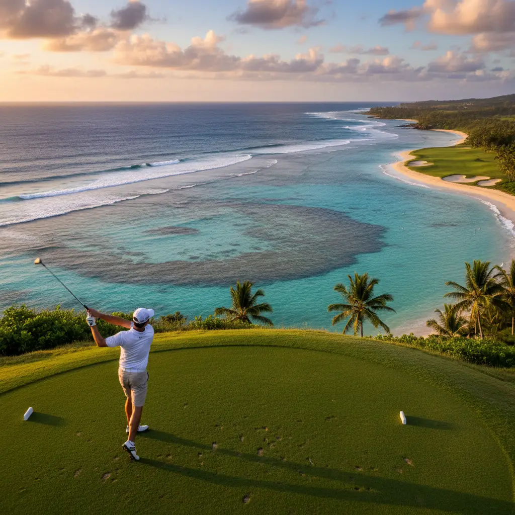 Golfer playing the signature oceanfront hole at Natadola Bay Championship Golf Course