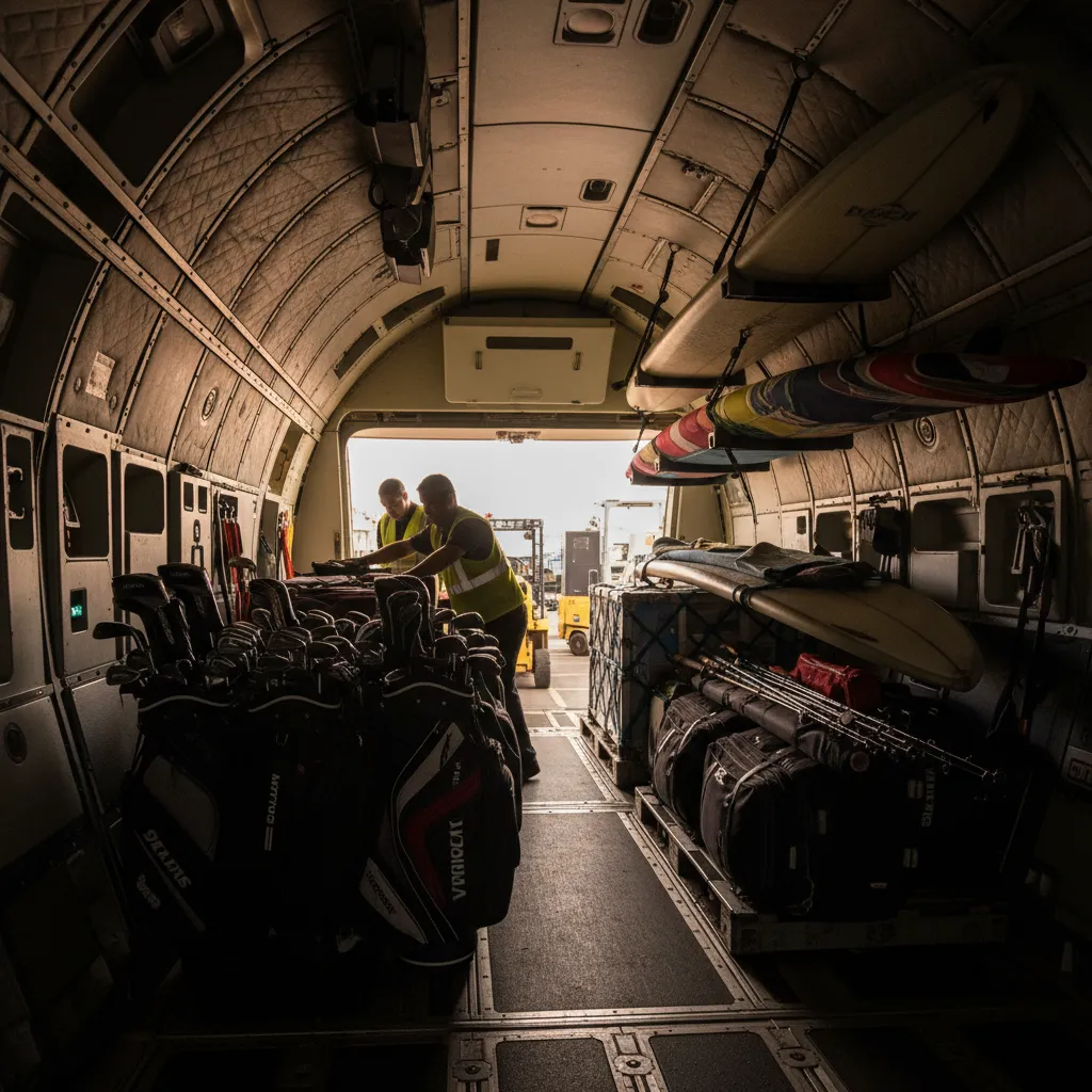 Loading sports gear into aircraft cargo hold