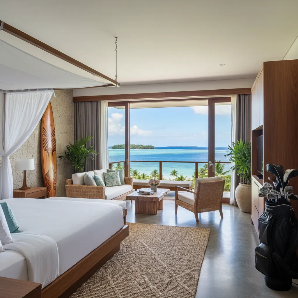 Sports gear stored safely in Fiji resort room