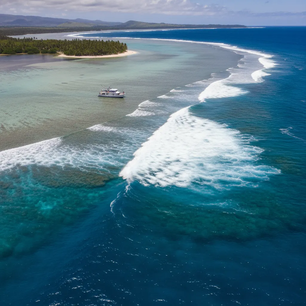 Aerial view of Surfing Fiji Cloudbreak showing the reef structure