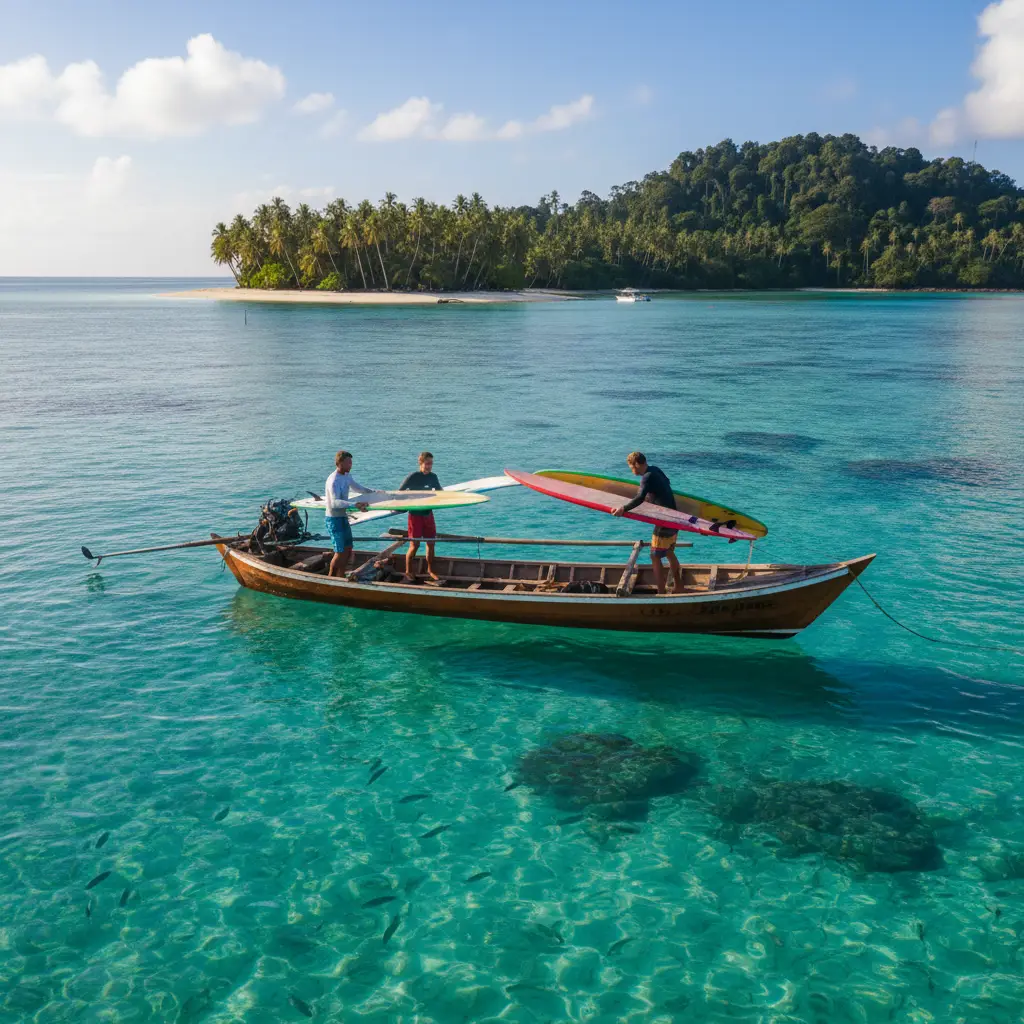 Surfers preparing for boat transfer to Cloudbreak