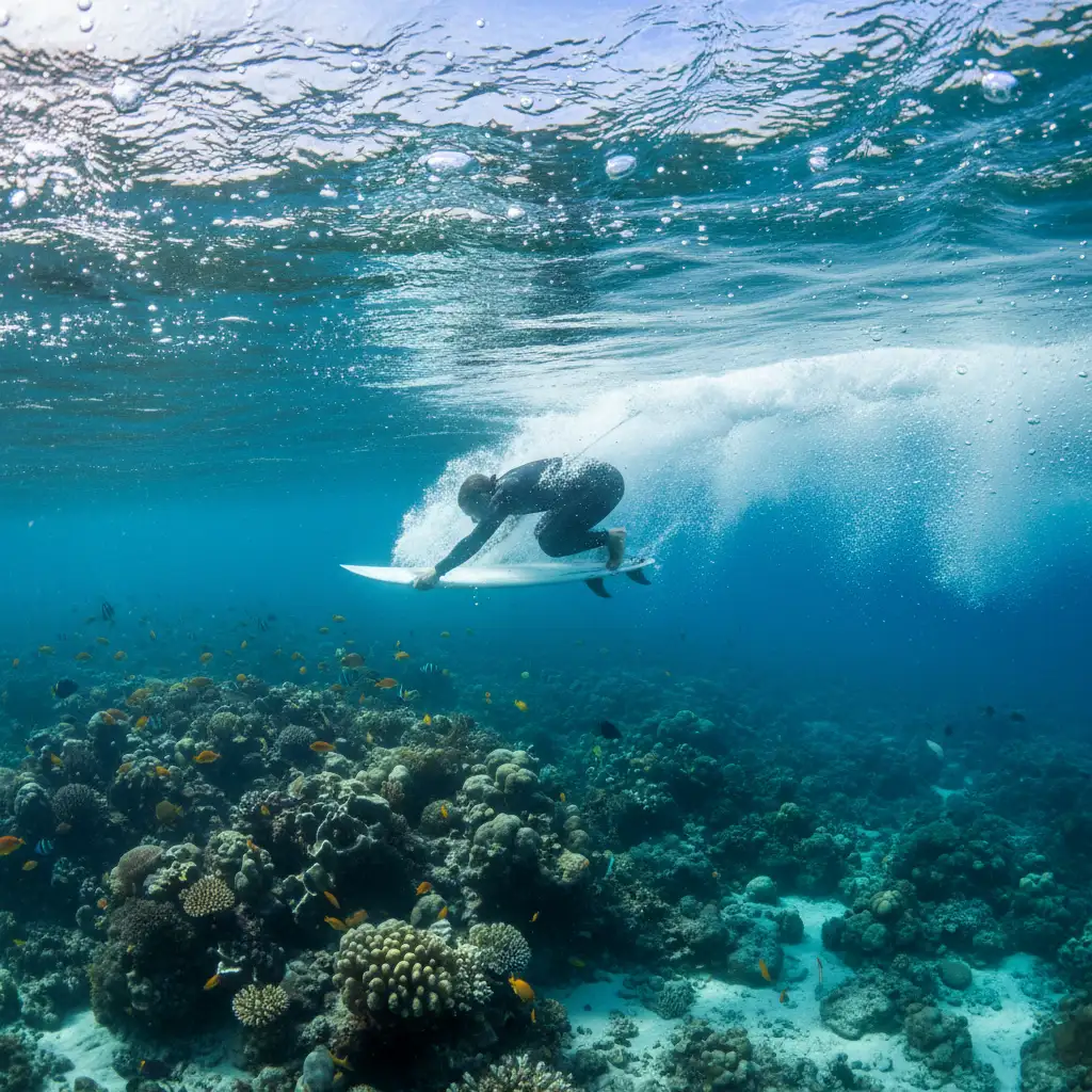 Surfer duck diving over coral reef in Fiji
