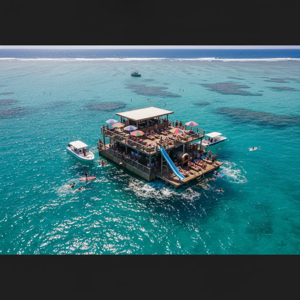 Aerial view of Cloud 9 Floating Platform in the Mamanuca Islands