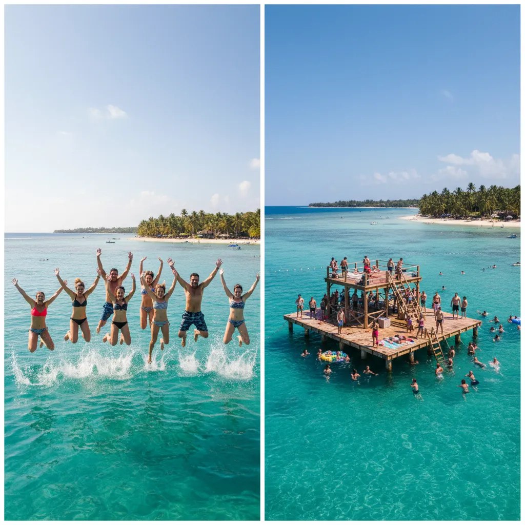 Tourists enjoying the water activities at a floating platform in Fiji