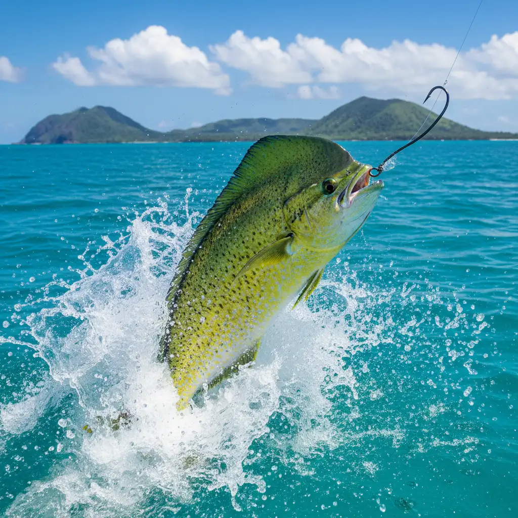 Mahimahi jumping during a fishing charter in Nadi