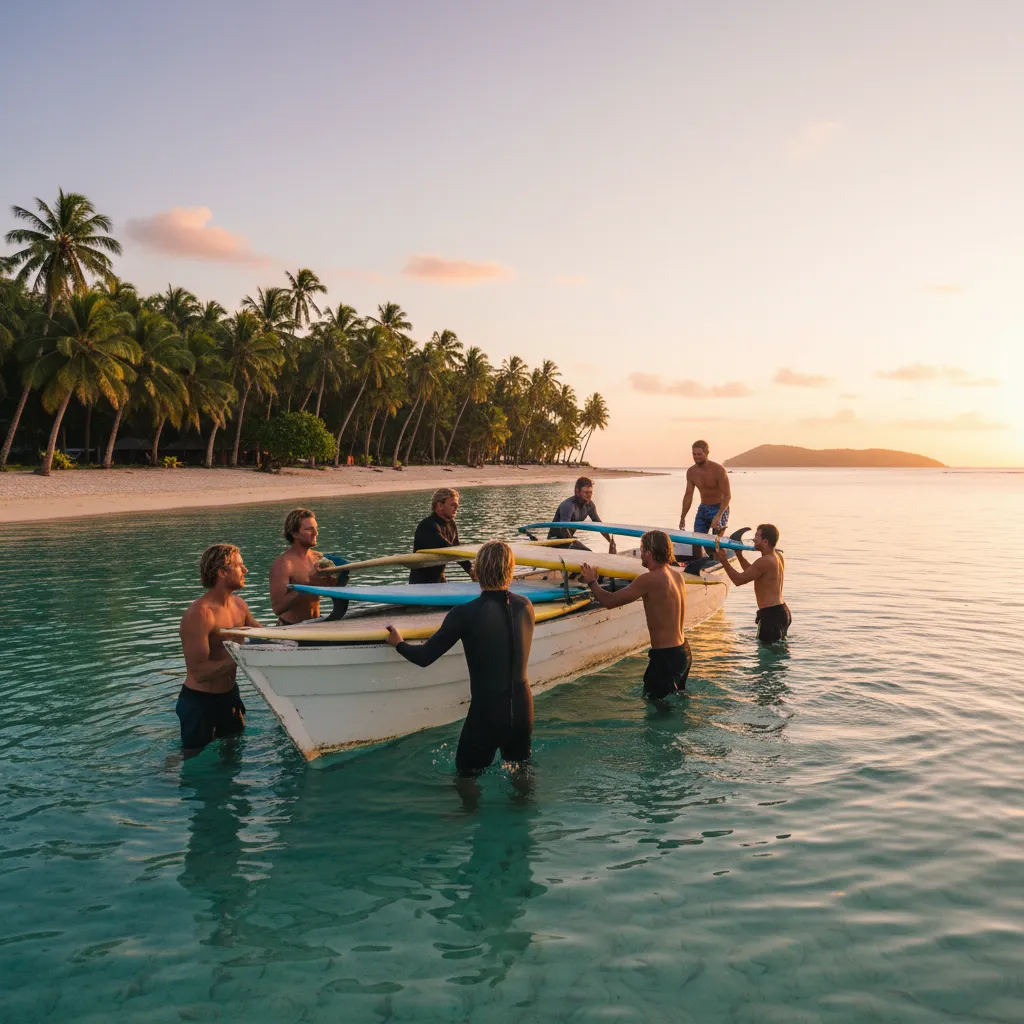 Surfers boarding a boat transfer to Cloudbreak