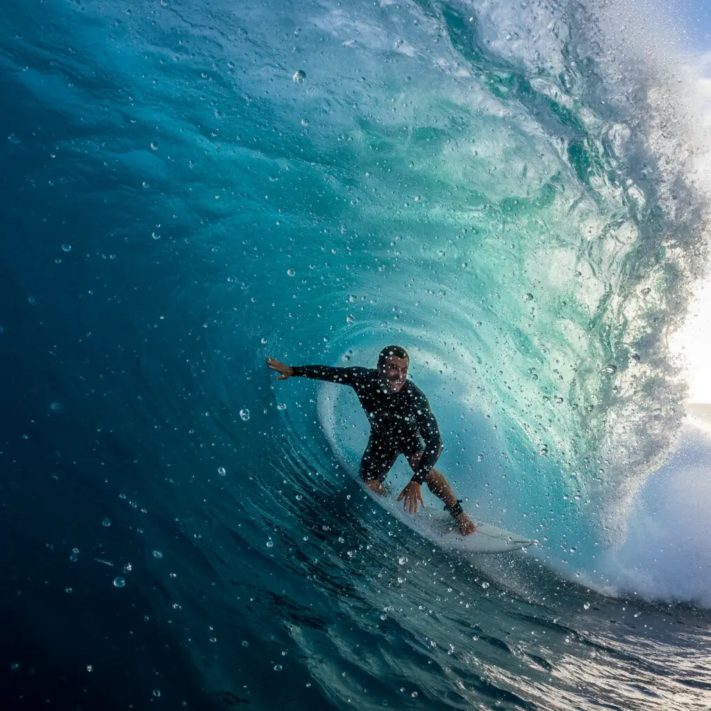 Surfing inside the barrel at Cloudbreak