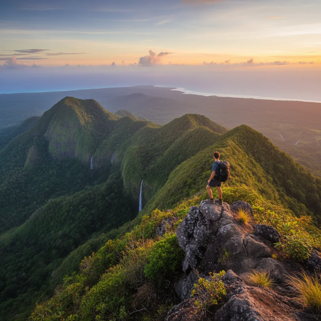 Hiker overlooking the lush highlands of Viti Levu, Fiji