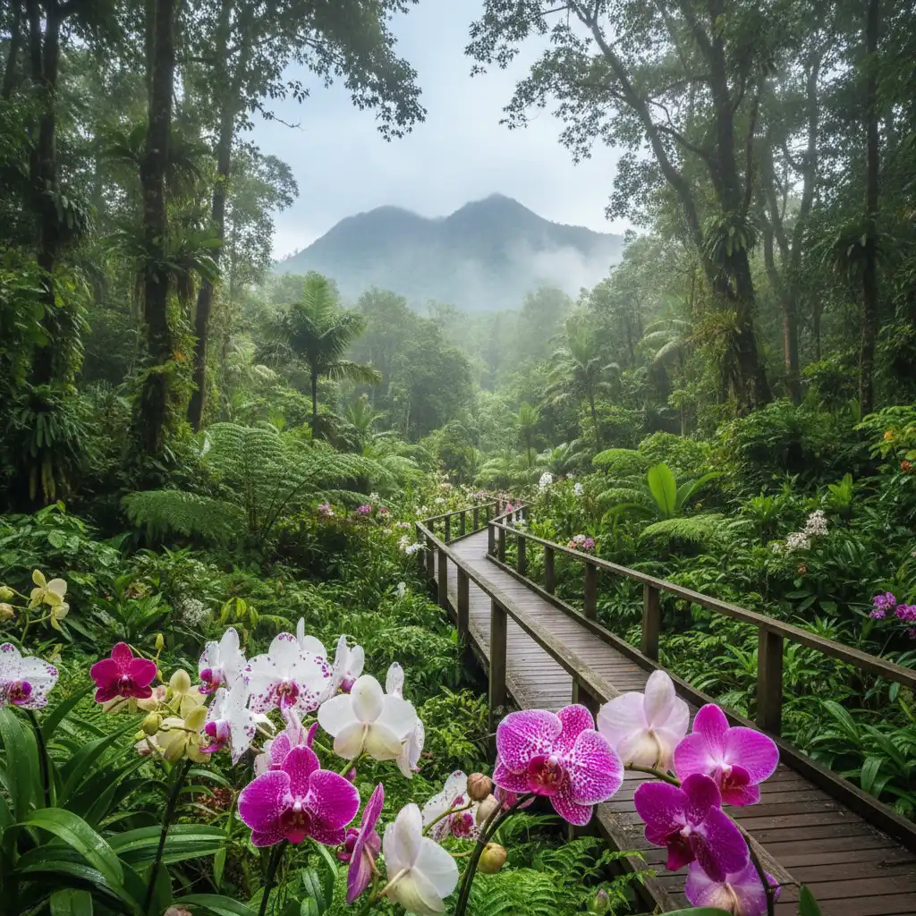 Wooden boardwalk winding through the Garden of the Sleeping Giant