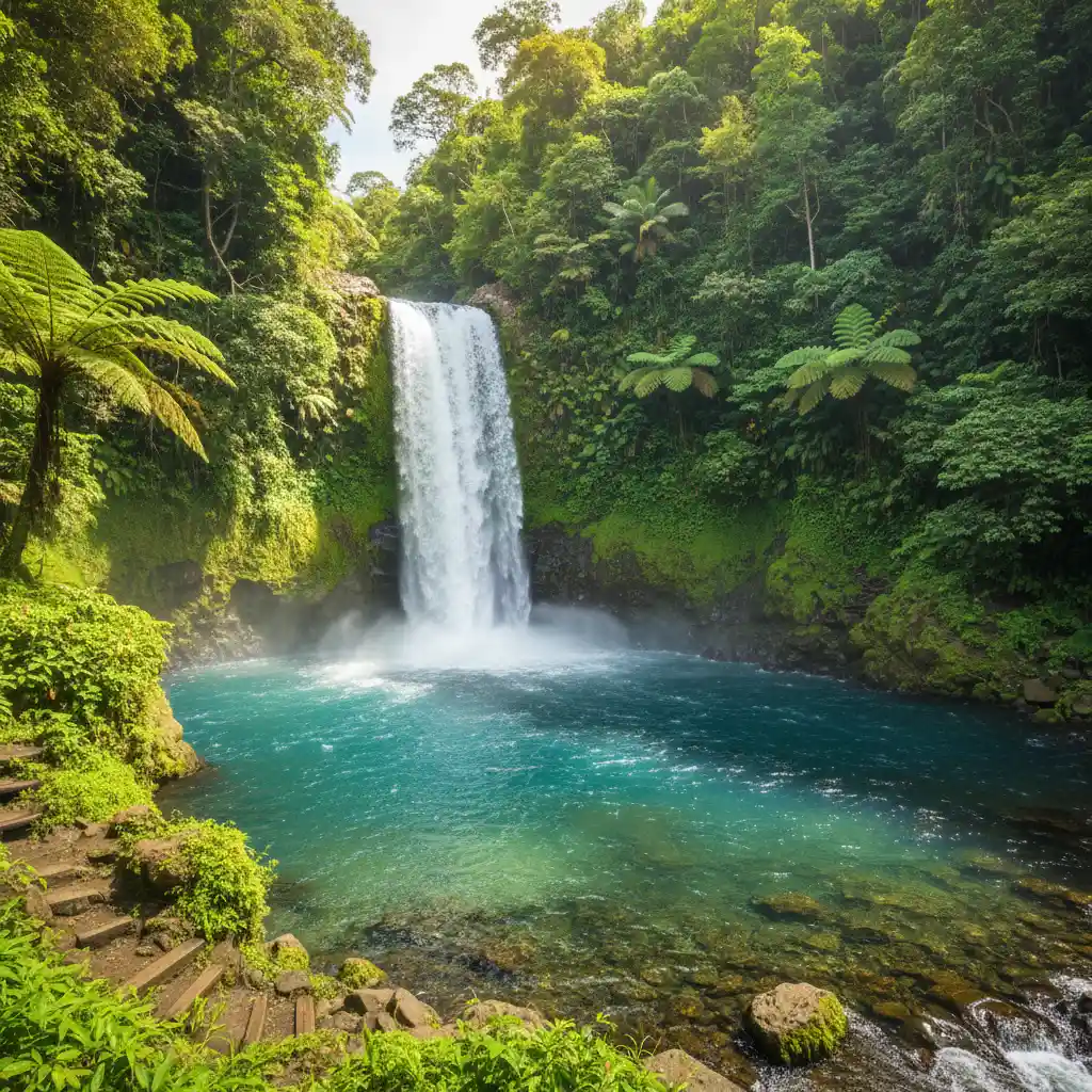 Tavoro Waterfalls cascading into a swimming pool in Taveuni