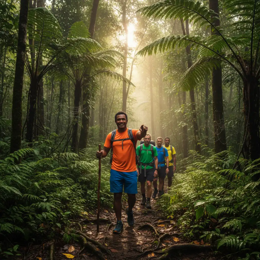 Local Fijian guide leading hikers through the jungle