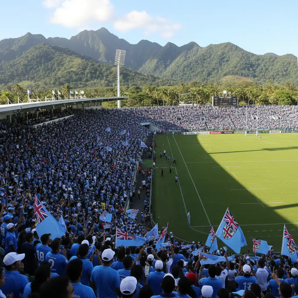 Fijian Drua fans cheering at a packed stadium in Fiji