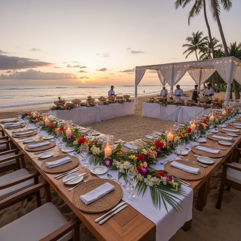 Group dining setup on a beach in Fiji