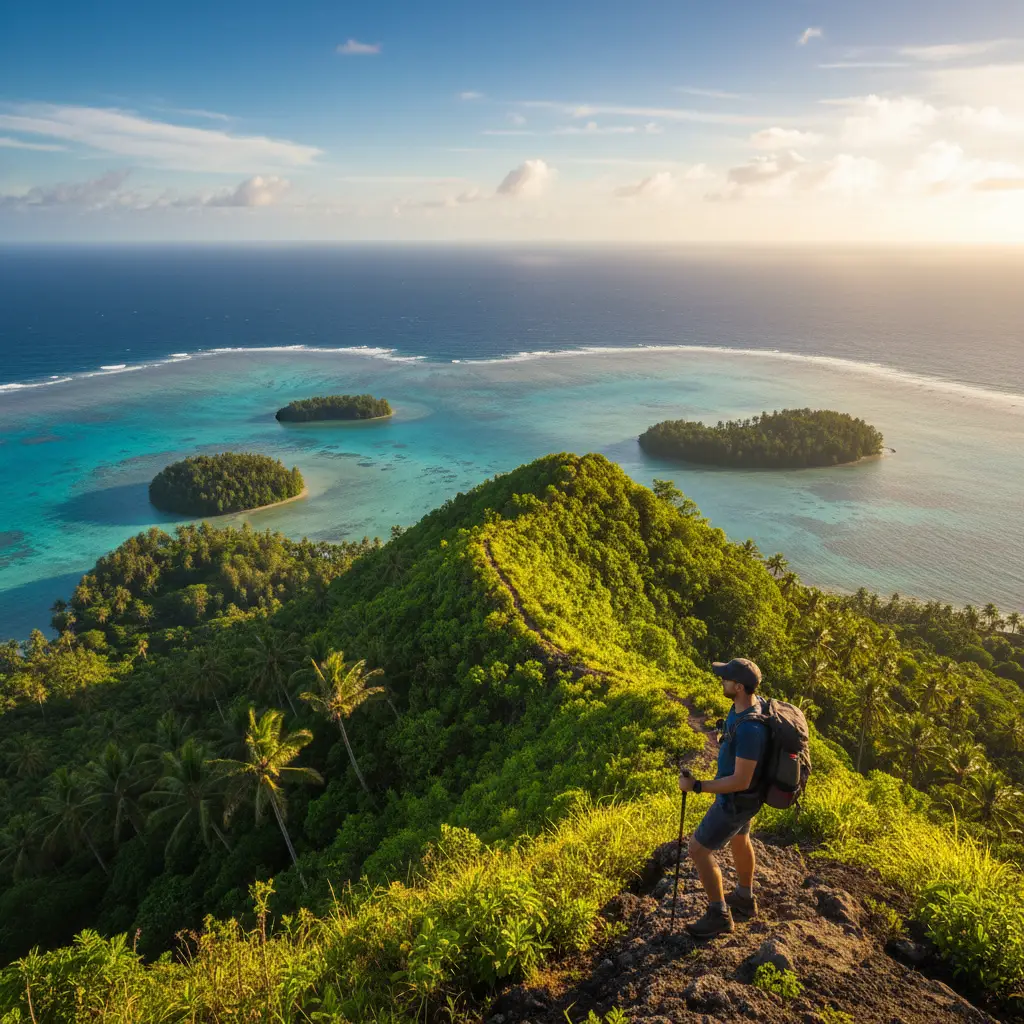 Hiker overlooking the Pacific Ocean from a Fijian mountain ridge