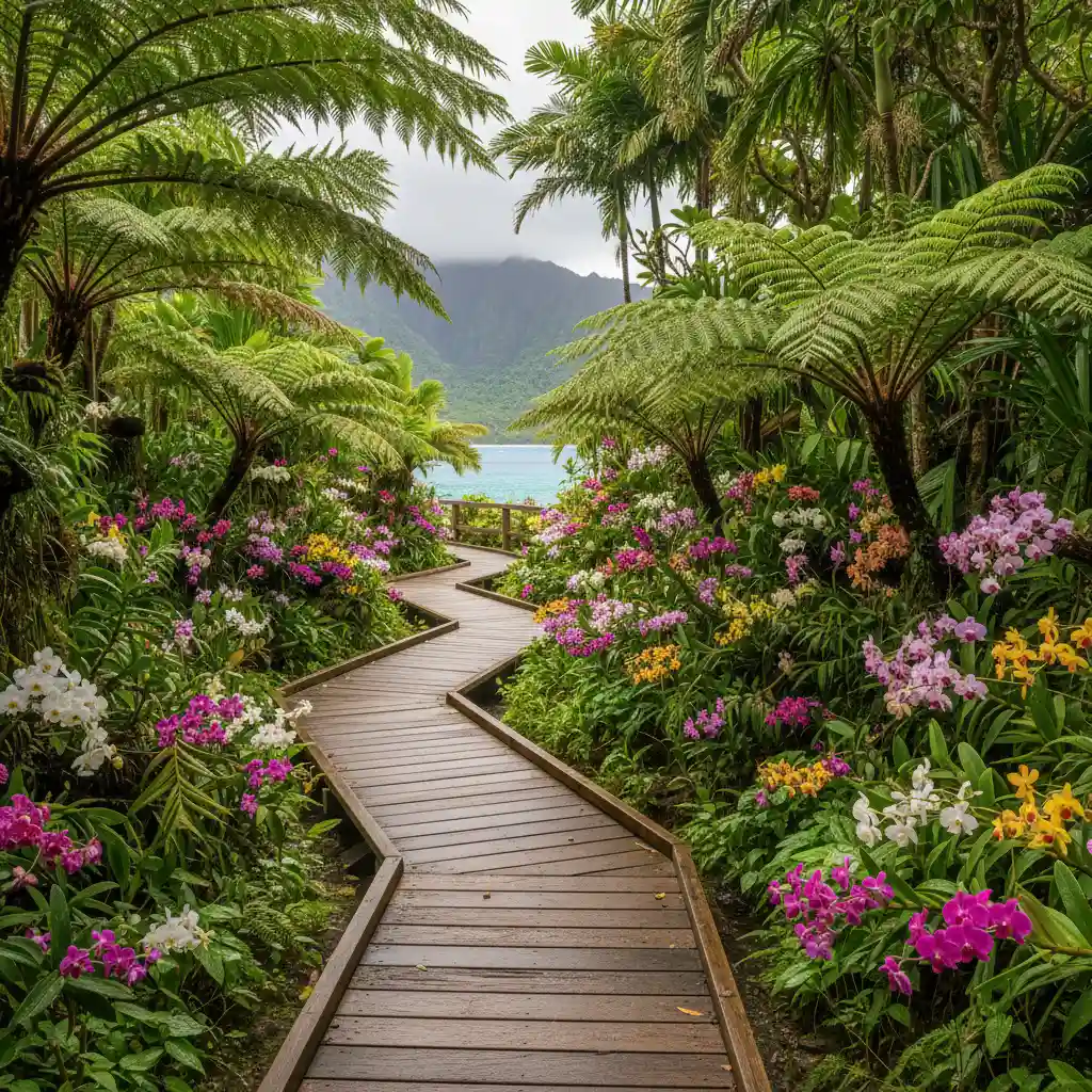Wooden boardwalk in the Garden of the Sleeping Giant surrounded by orchids