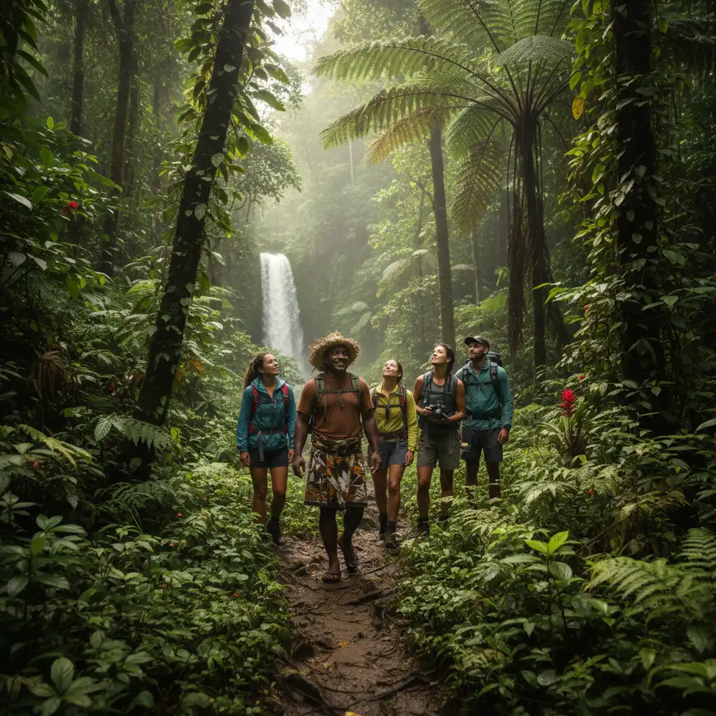 Local Fijian guide leading hikers through the rainforest