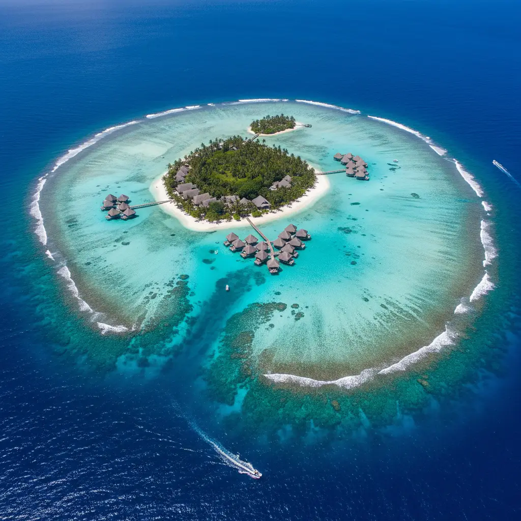 Aerial view of Fiji Mamanuca Islands resort distribution