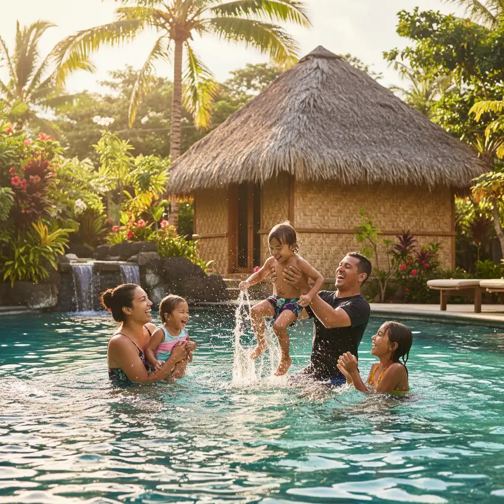 Family enjoying the pool at a Fiji family resort