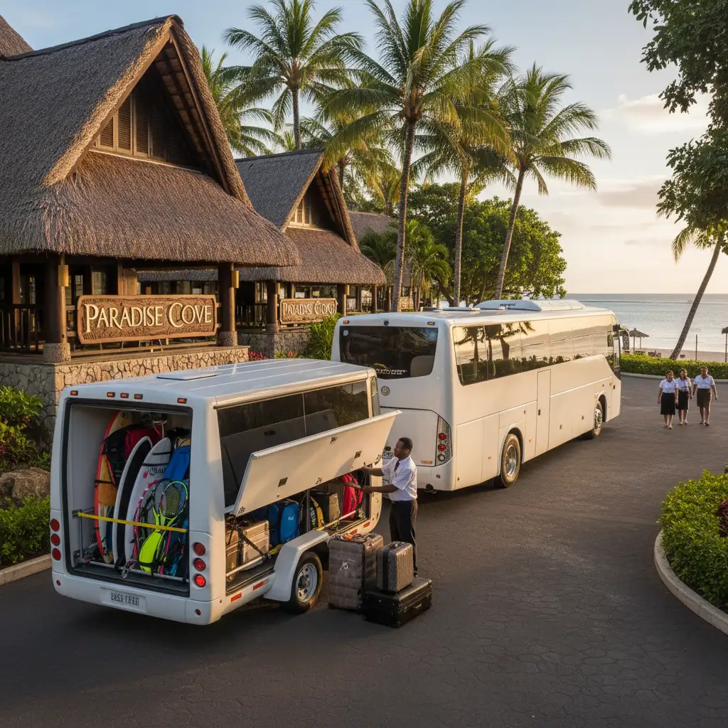 Private bus charter in Fiji loading sports equipment