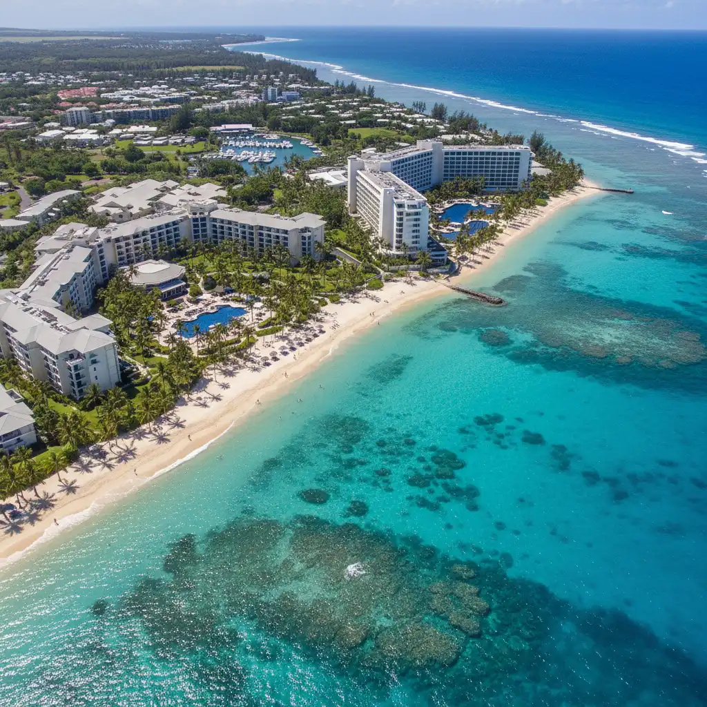Aerial comparison of Sheraton and Hilton resorts on Denarau Island