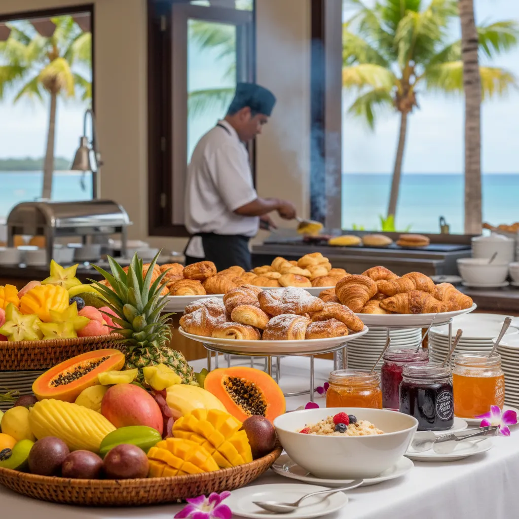 Extensive breakfast buffet spread at Sheraton Fiji Feast Restaurant