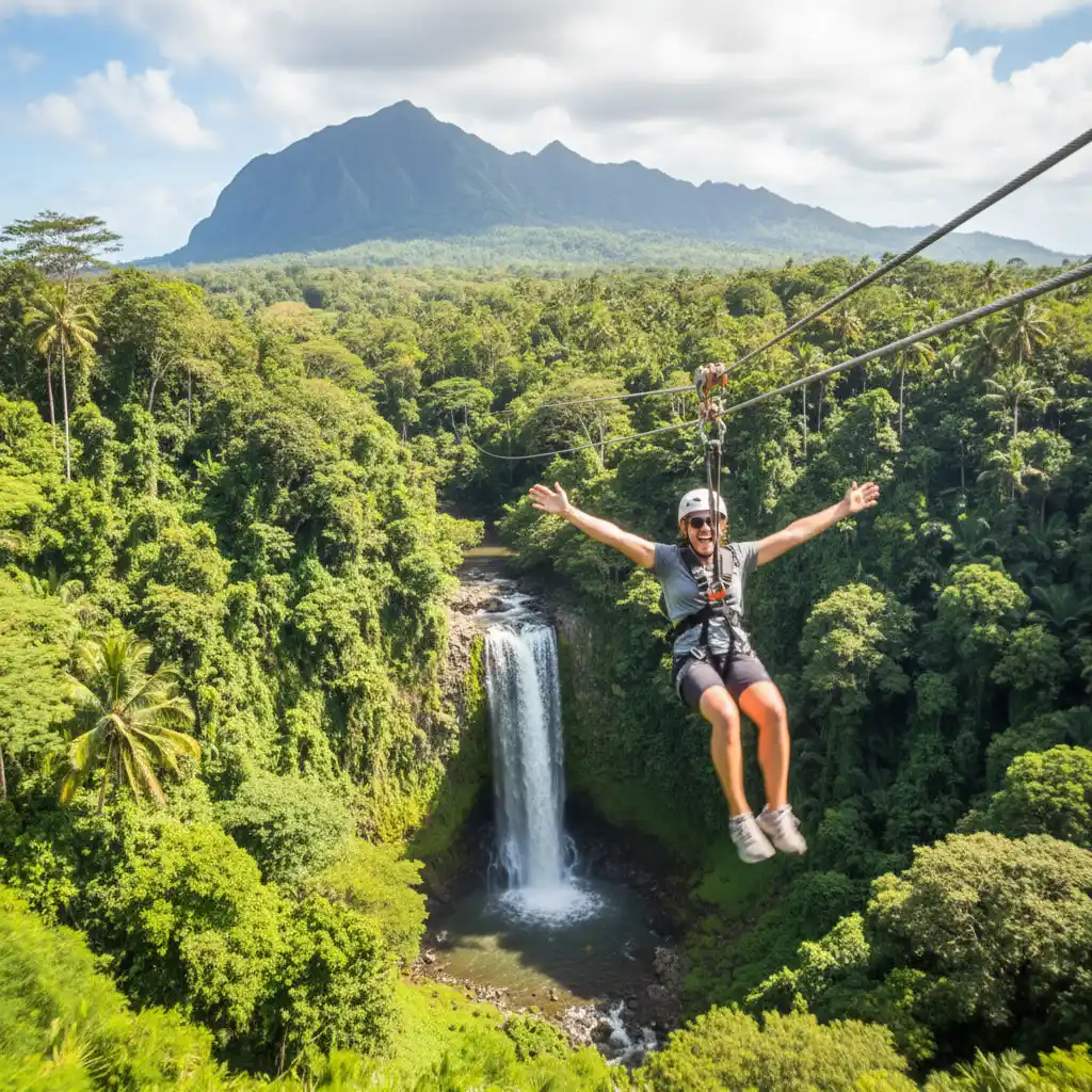 Tourist enjoying the Sleeping Giant zip line in Fiji Nadi over lush jungle canopy