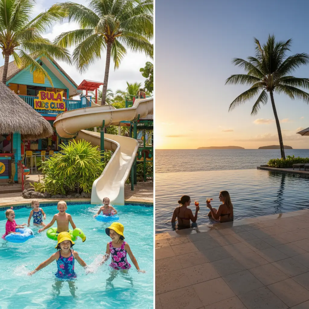 Comparison of family friendly kids club versus adult only luxury pool
