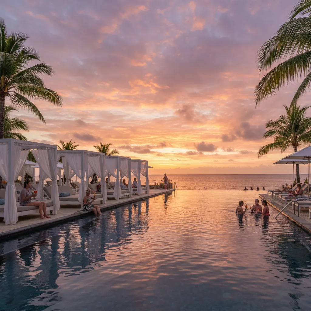 Waitui Beach Club infinity pool and cabanas at Sofitel Fiji