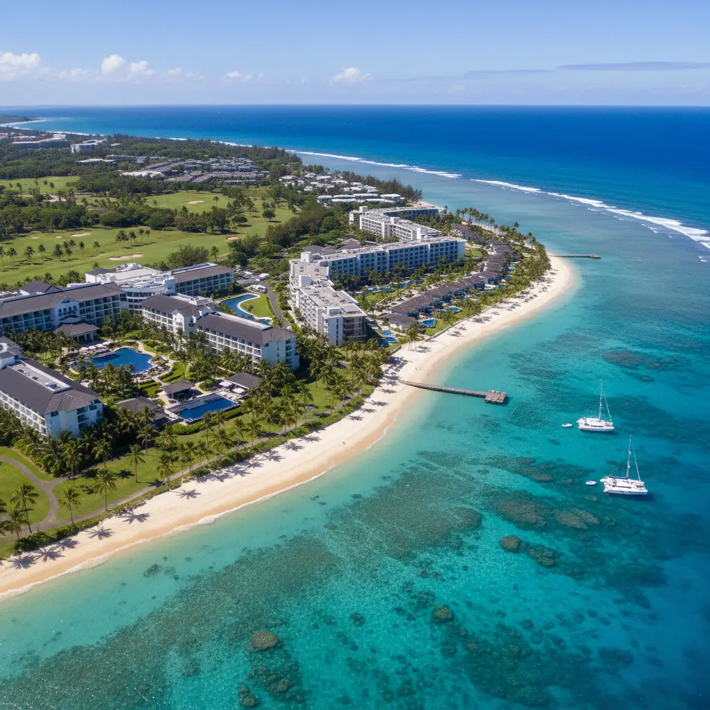 Aerial view comparison of Sheraton and Hilton resorts on Denarau Island