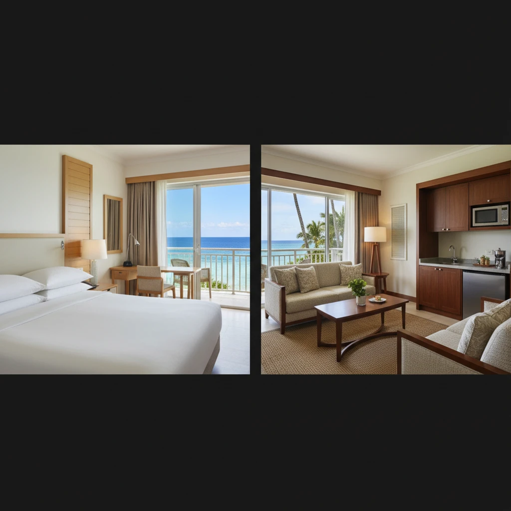 Side-by-side comparison of Sheraton renovated rooms vs Hilton villas