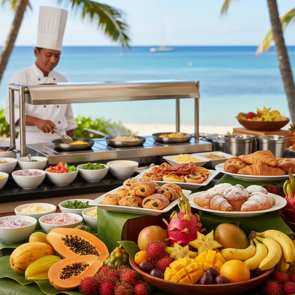 Lavish breakfast buffet spread at Fiji resort