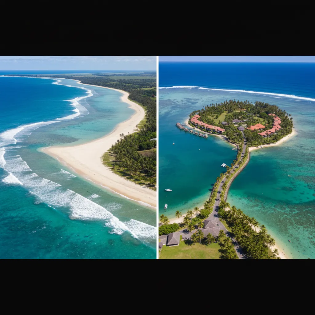 Aerial comparison of Natadola Beach and Yanuca Island in Fiji