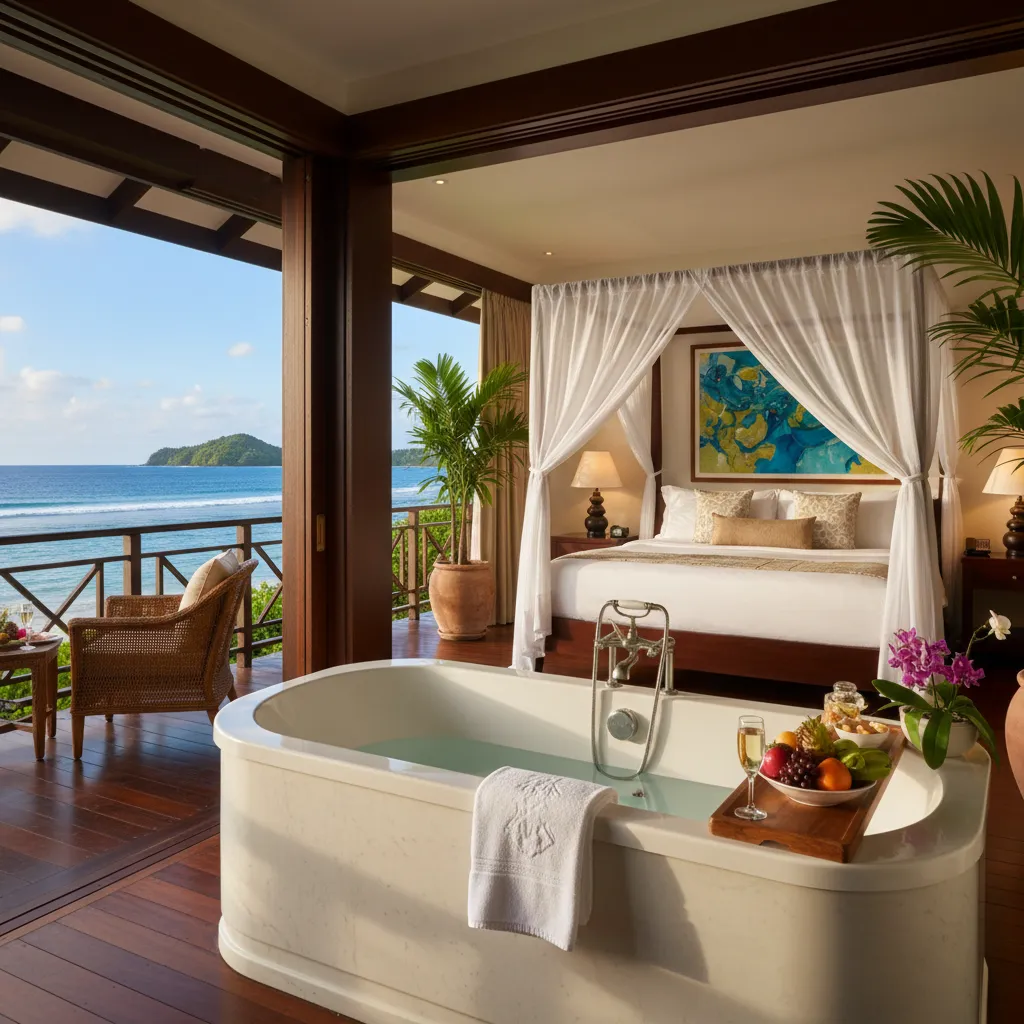 Luxury hotel room interior with outdoor bathtub and ocean view