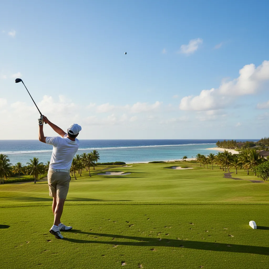 Golfer teeing off at Natadola Bay Championship Golf Course
