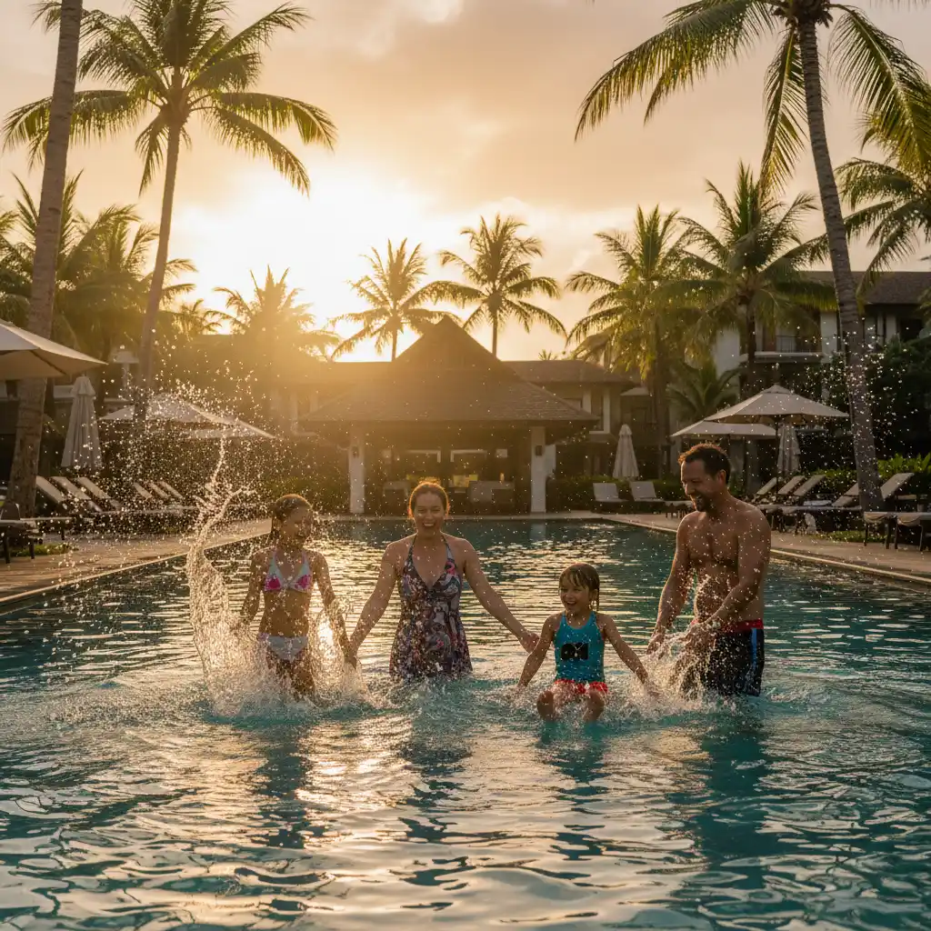 Family enjoying the pool at a Fiji resort