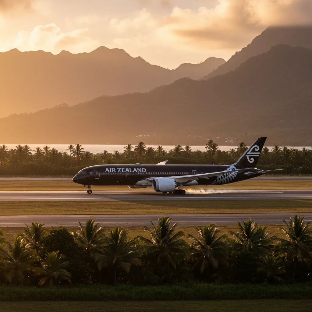 Air New Zealand plane landing in Fiji at sunset