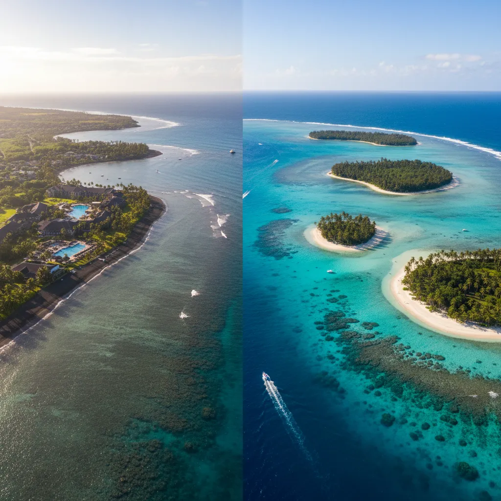 Aerial comparison of Denarau Island coastline versus Mamanuca Islands beaches