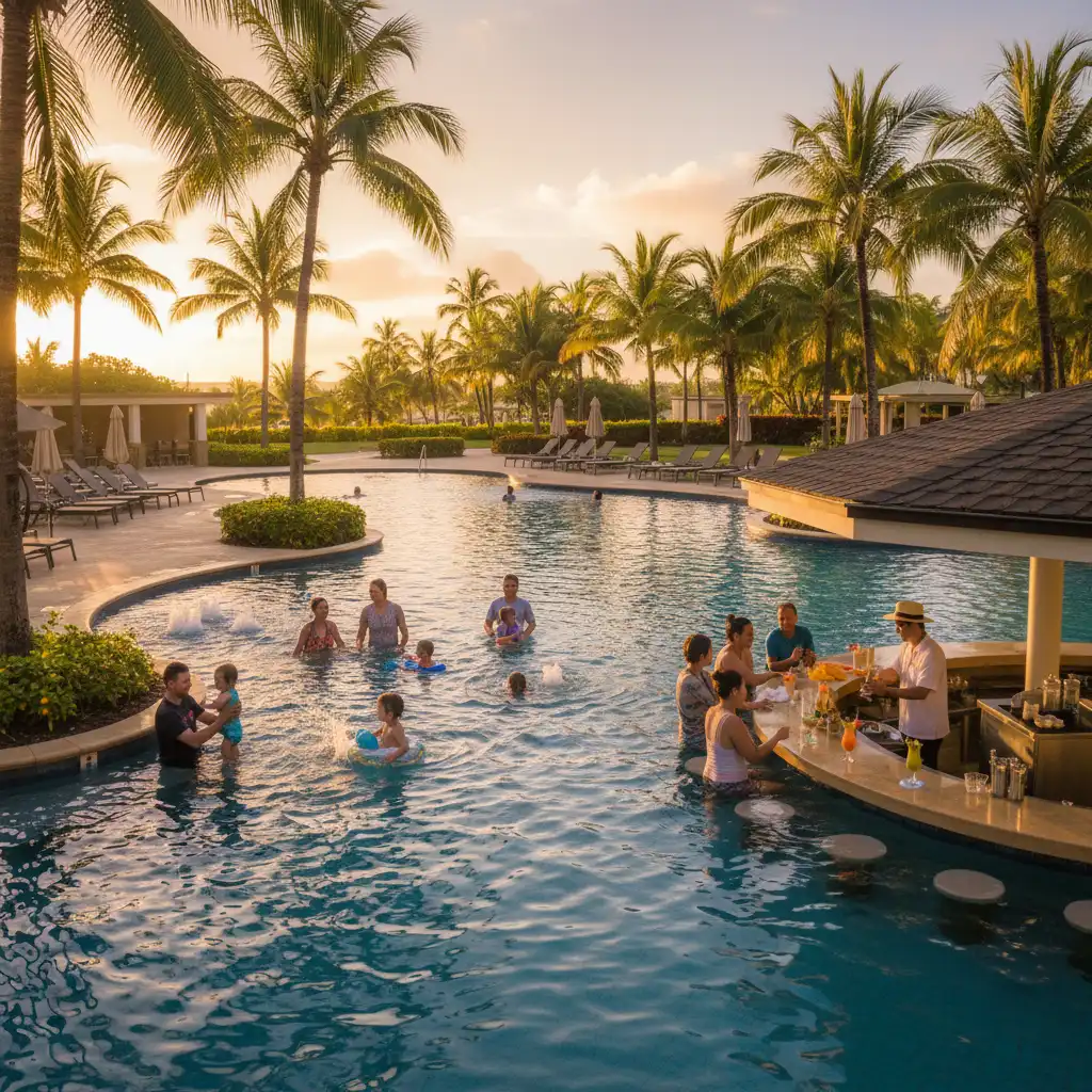 Luxury lagoon pool at a Denarau resort during sunset