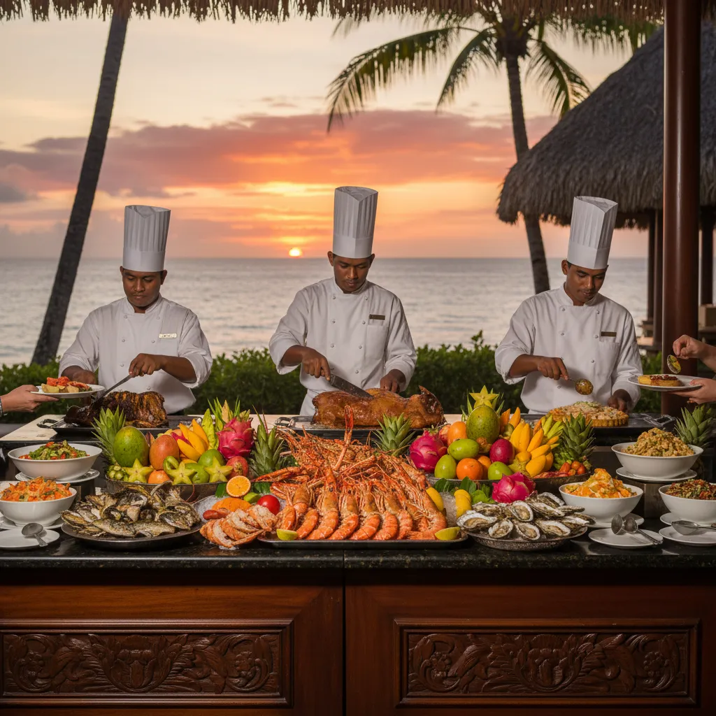 Lavish dinner buffet spread at a Fiji island resort