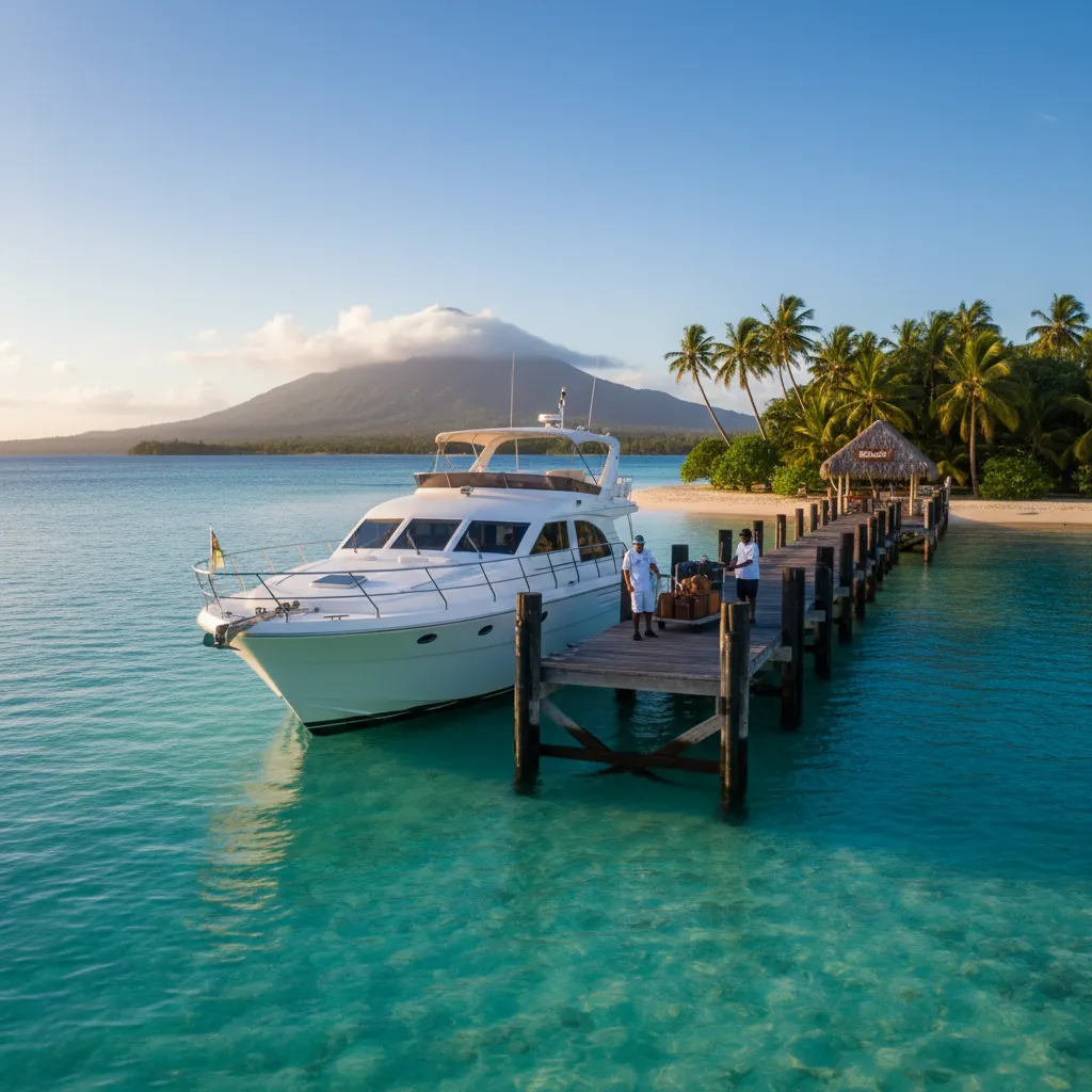 High-speed catamaran arriving at an Outer Island resort pier