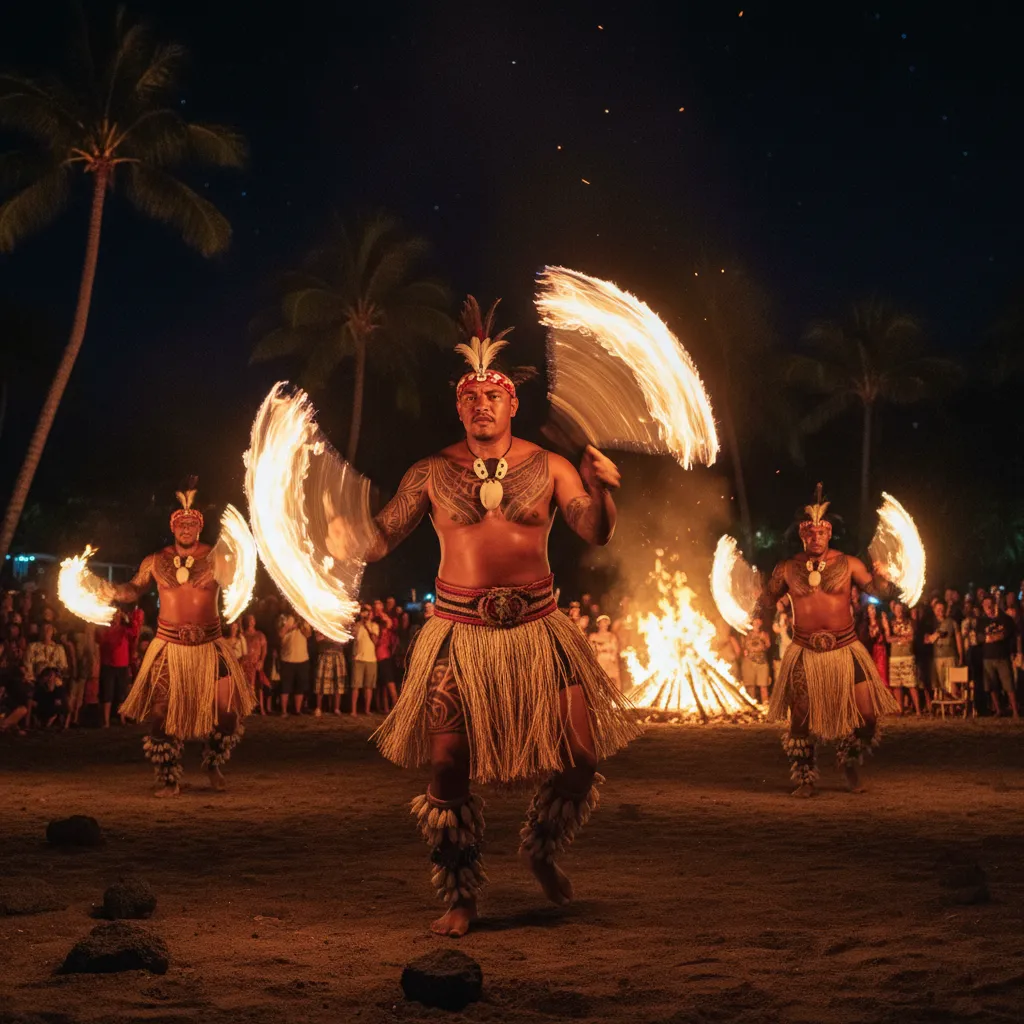 Traditional Samoan fire knife dance performance at night