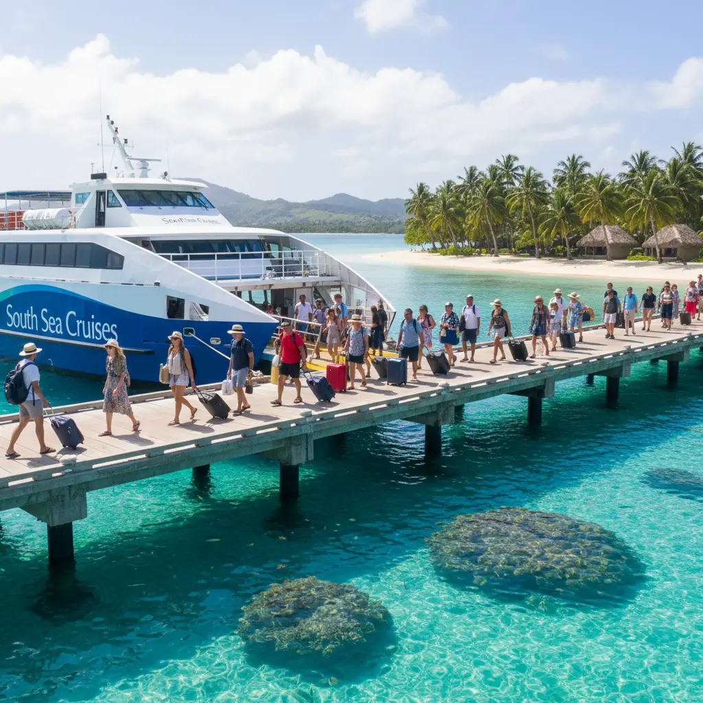 South Sea Cruises ferry arriving at an island resort