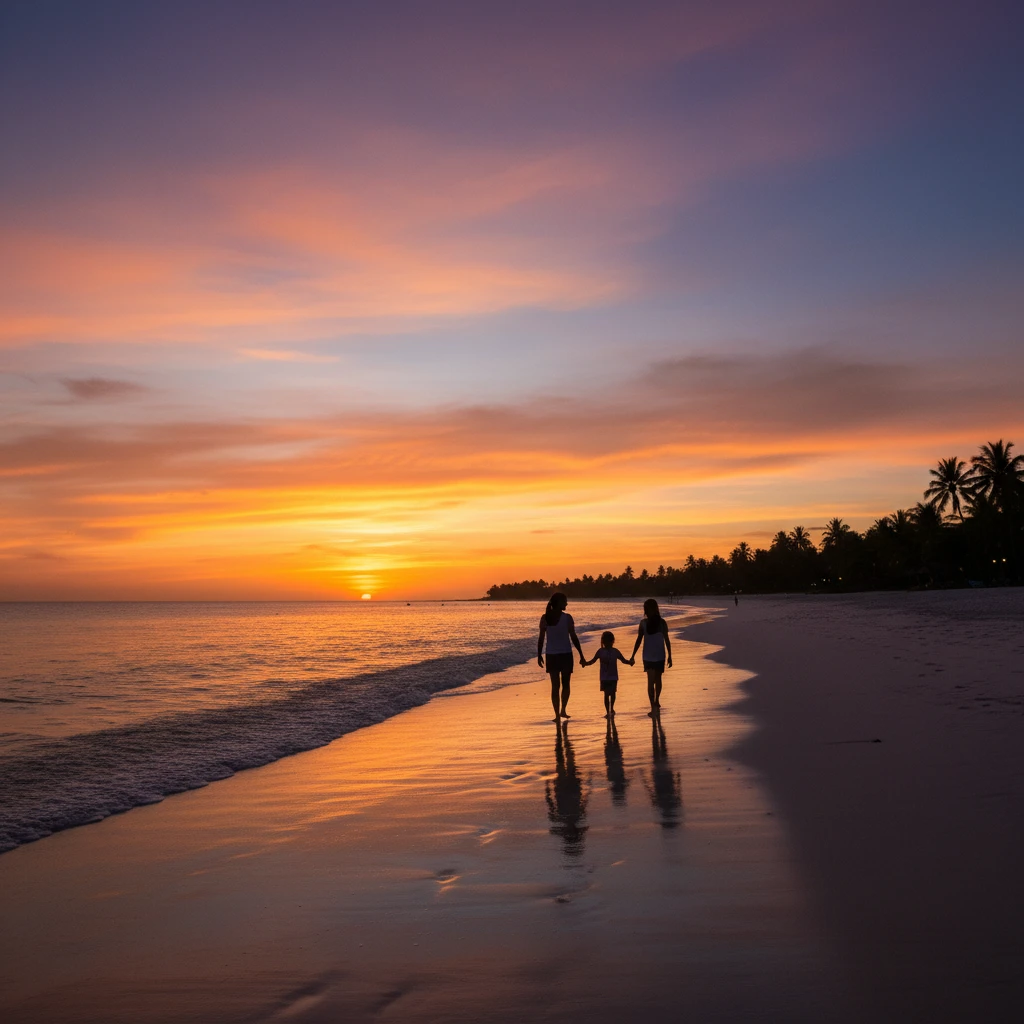 Family enjoying a sunset on a Fiji island beach