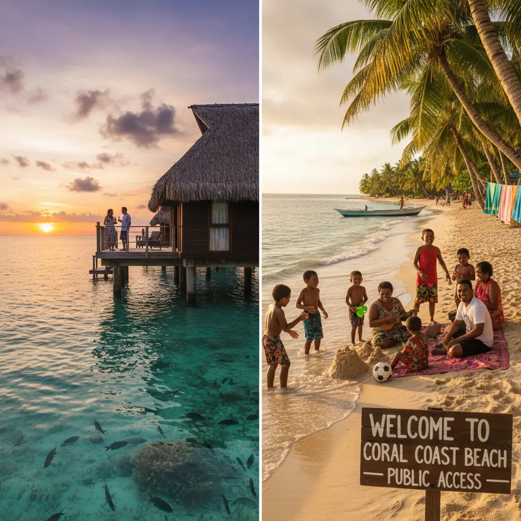 Comparison of luxury overwater bungalows and budget-friendly Coral Coast beaches in Fiji