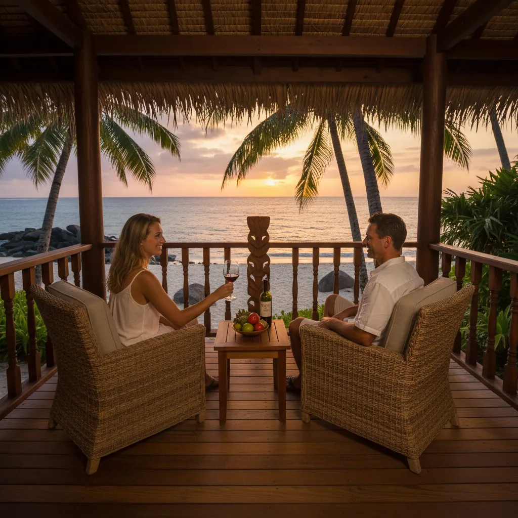 Couple enjoying duty-free wine on a private balcony in Fiji