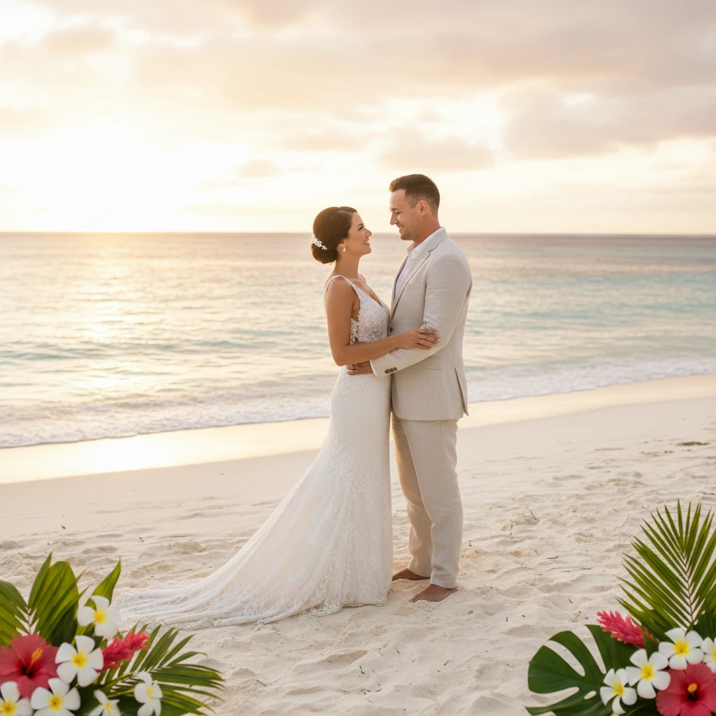 Romantic Fiji beach wedding sunset